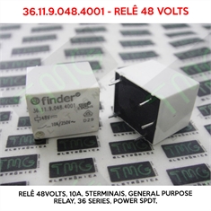 Relé 48VDC - 36.11.9.048.4001 ,RELE 48VOLTS - 48VDC Relay, 10A, 5Terminais, General Purpose Relay, 36 Series, Power SPDT, - Relê 48VDC - 36.11.9.048.4001 ,RELE 48VOLTS - 5pinos