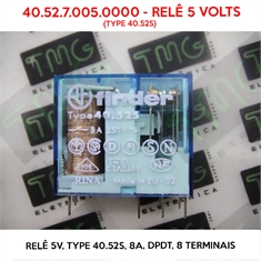 40.52S - Relé 5VDC 40.52S, RELE 5VOLTS - 5VDC Relay 40.52.7.00 5VOLTS - Relê 5V, TYPE 40.52S, 8Amp 250V, DPDT, FINDER - 8 Pin - Relê 5VDC 40.52S, RELE 5VOLTS - 5VDC 8Amper  Relay