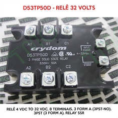 D53TP50 - Relê D53TP50D, Module RELAY Crydom SSR Solid State 3PST-NO 50A, Relé 3 Á 32VDC, Relay Contactor, 4-32 VDC 50A 3-PHASE, Crydom Relays Chassis Mount - 8 Paraf Screw - Relê Crydom D53TP50D - Relê 3 Á 32 VDC 3-PHASE