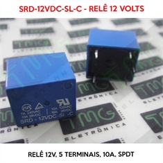 SRD-12VDC - Relê 12V, SRD-12VDC-SL-C, tensão de bobina 12Volts, corrente de bobina 30mA, classificação de contato SPDT 10A 30VDC, 10A 240VAC - 5 Terminais - Relê 12V, SRD-12VDC-SL-C, tensão de bobina 12Volts
