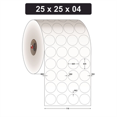 Etiqueta Redonda Adesiva de Papel Couchê para Indústria Alimentícia - 25 x 25 mm e 4 Col. - Caixa com 20 rolos