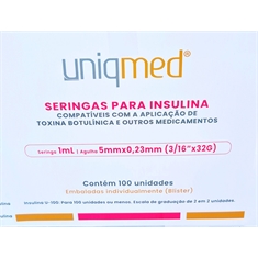 Seringas embaladas individualmente para Insulina Uniqmed 1mL (100UI) Agulha 5x0,23mm 32G - Caixa com 100 seringas