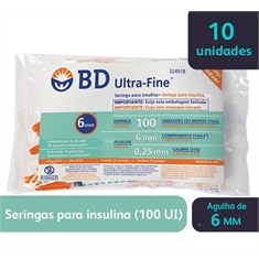 Seringa para Insulina BD Ultrafine 1mL (100UI) Agulha 6x0,25mm 31G - Pacote com 10 seringas