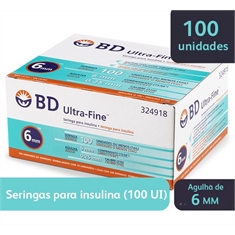 Seringa para Insulina BD Ultrafine 1mL (100UI) Agulha 6x0,25mm 31G - Caixa com 100 seringas