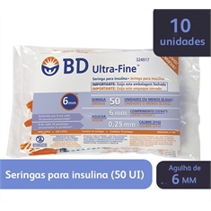 Seringa para Insulina BD Ultrafine 0,5mL (50UI) Agulha 6x0,25mm 31G - Pacote com 10 seringas